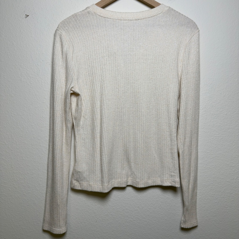 Aerie‎ Women Preppy Cardigan Sweater Large Cream Ribbed Knit Shimmer Coquette - Picture 10 of 11